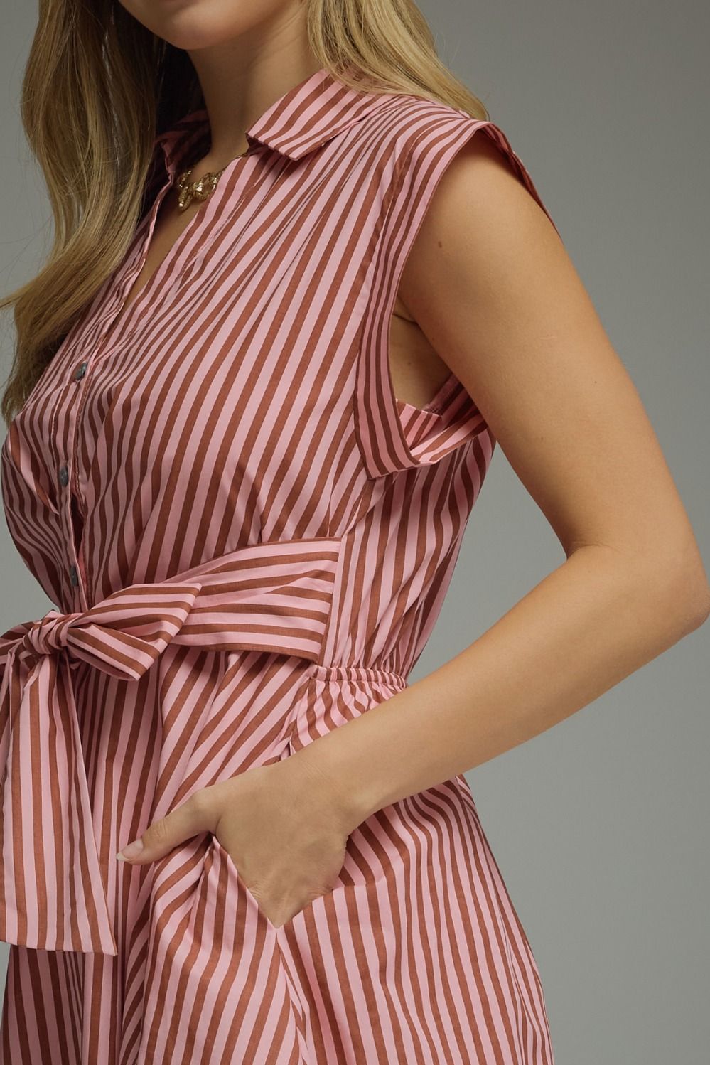 Striped Tie Waist Midi Dress - Lush Lemon - Women's Clothing - Entro - 70249191389757
