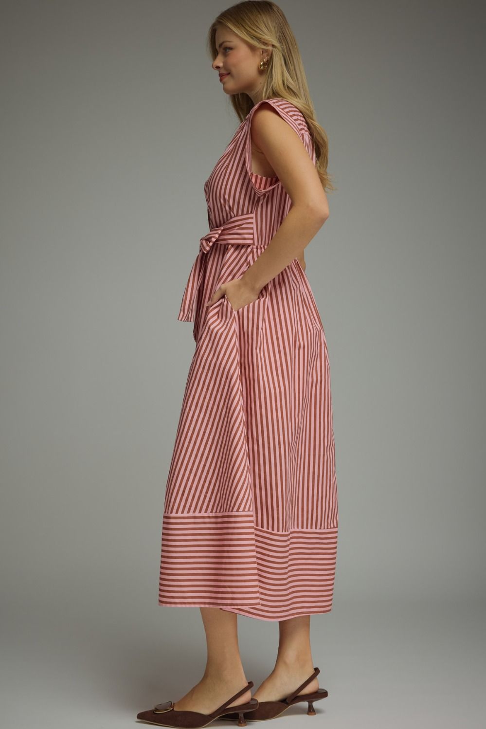 Striped Tie Waist Midi Dress - Lush Lemon - Women's Clothing - Entro - 70249191389757