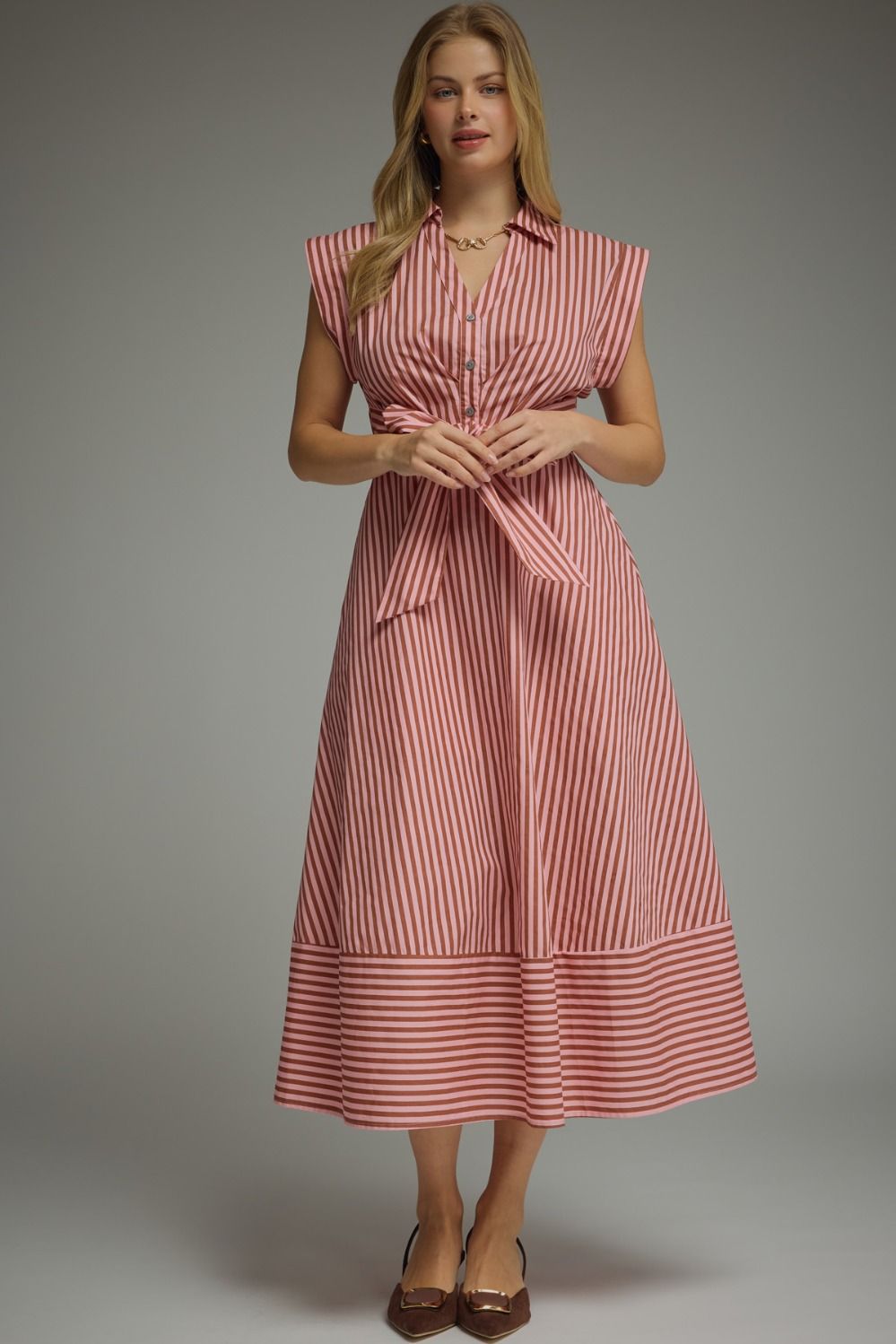 Striped Tie Waist Midi Dress - Lush Lemon - Women's Clothing - Entro - 70249191389757