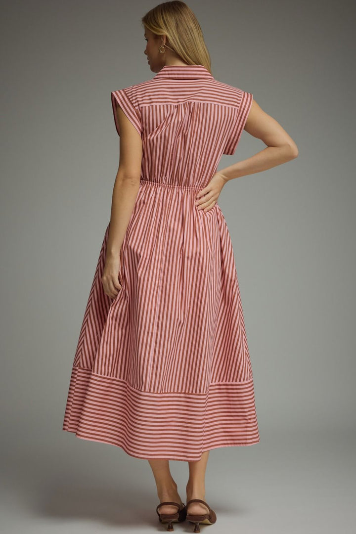 Striped Tie Waist Midi Dress - Lush Lemon - Women's Clothing - Entro - 70249191389757