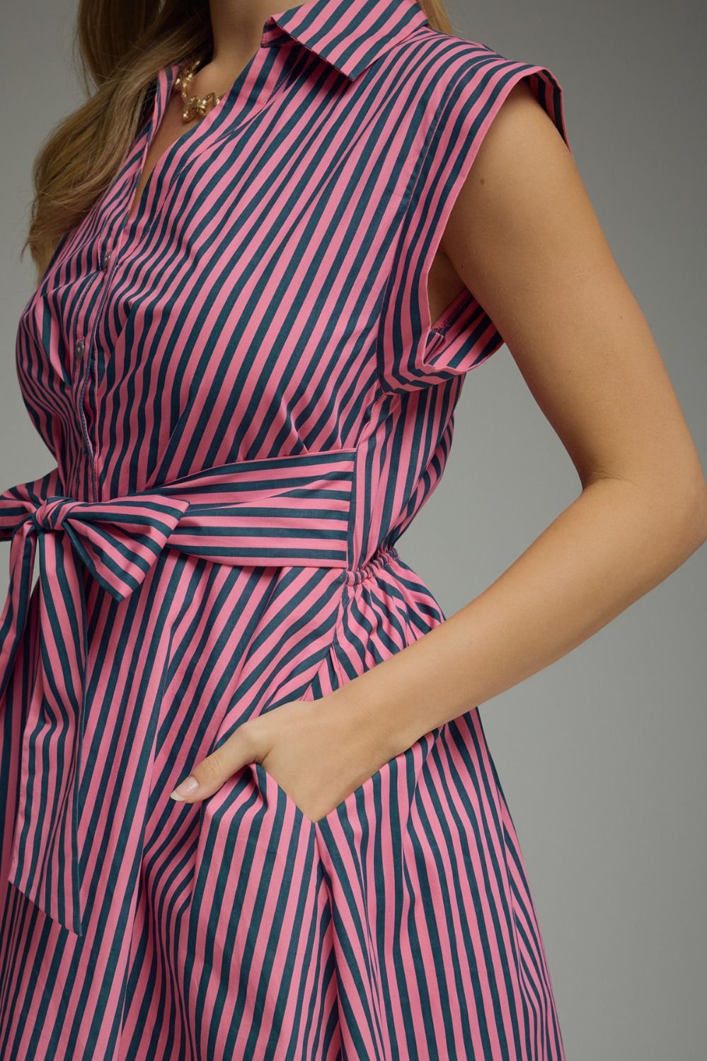 Striped Tie Waist Midi Dress - Lush Lemon - Women's Clothing - Entro - 70249191688061