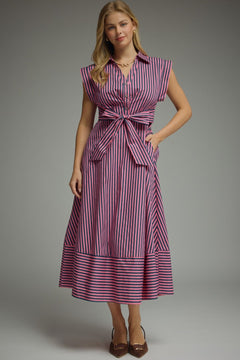 Striped Tie Waist Midi Dress - Lush Lemon - Women&