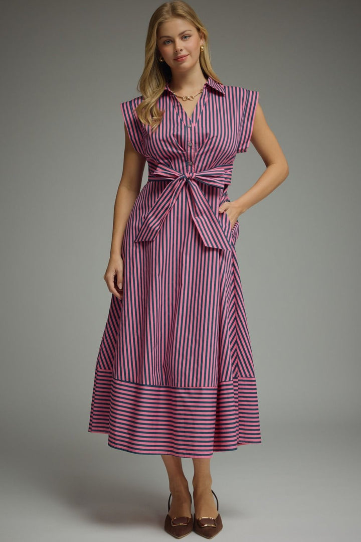 Striped Tie Waist Midi Dress - Lush Lemon - Women's Clothing - Entro - 70249191688061