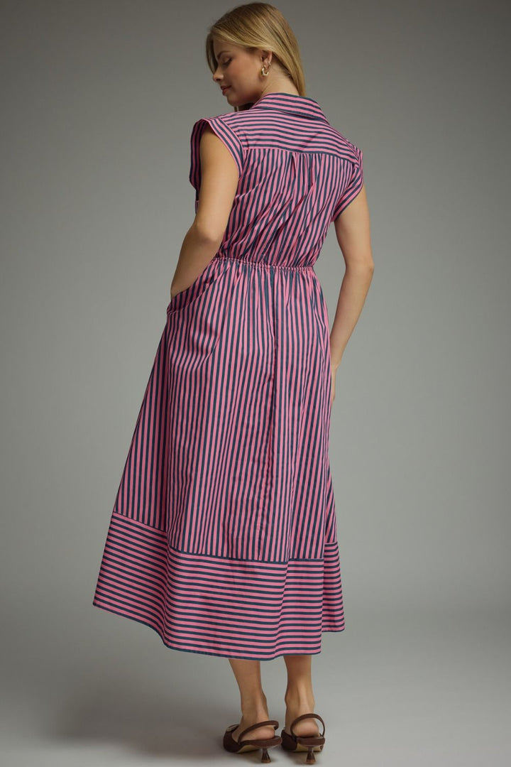 Striped Tie Waist Midi Dress - Lush Lemon - Women's Clothing - Entro - 70249191688061