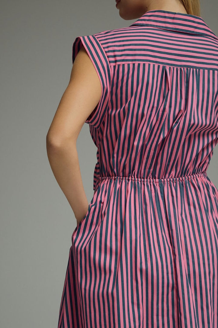 Striped Tie Waist Midi Dress - Lush Lemon - Women's Clothing - Entro - 70249191688061
