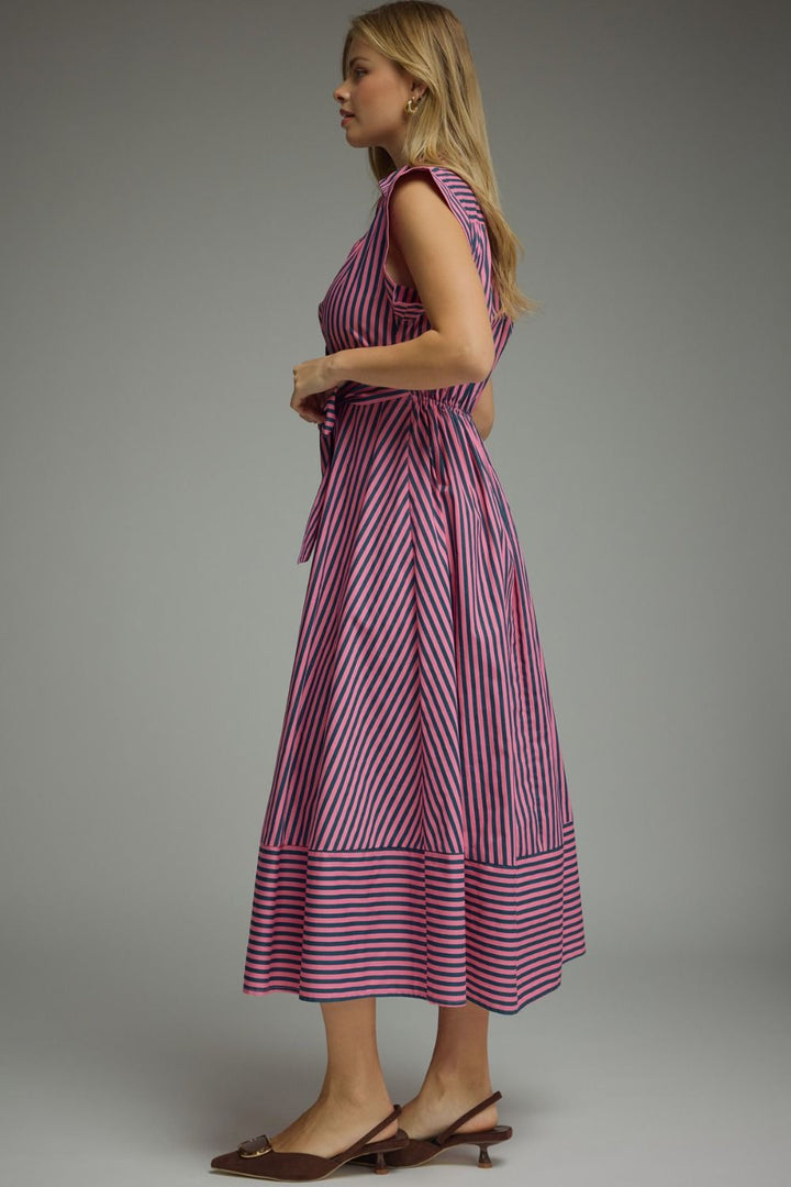 Striped Tie Waist Midi Dress - Lush Lemon - Women's Clothing - Entro - 70249191688061