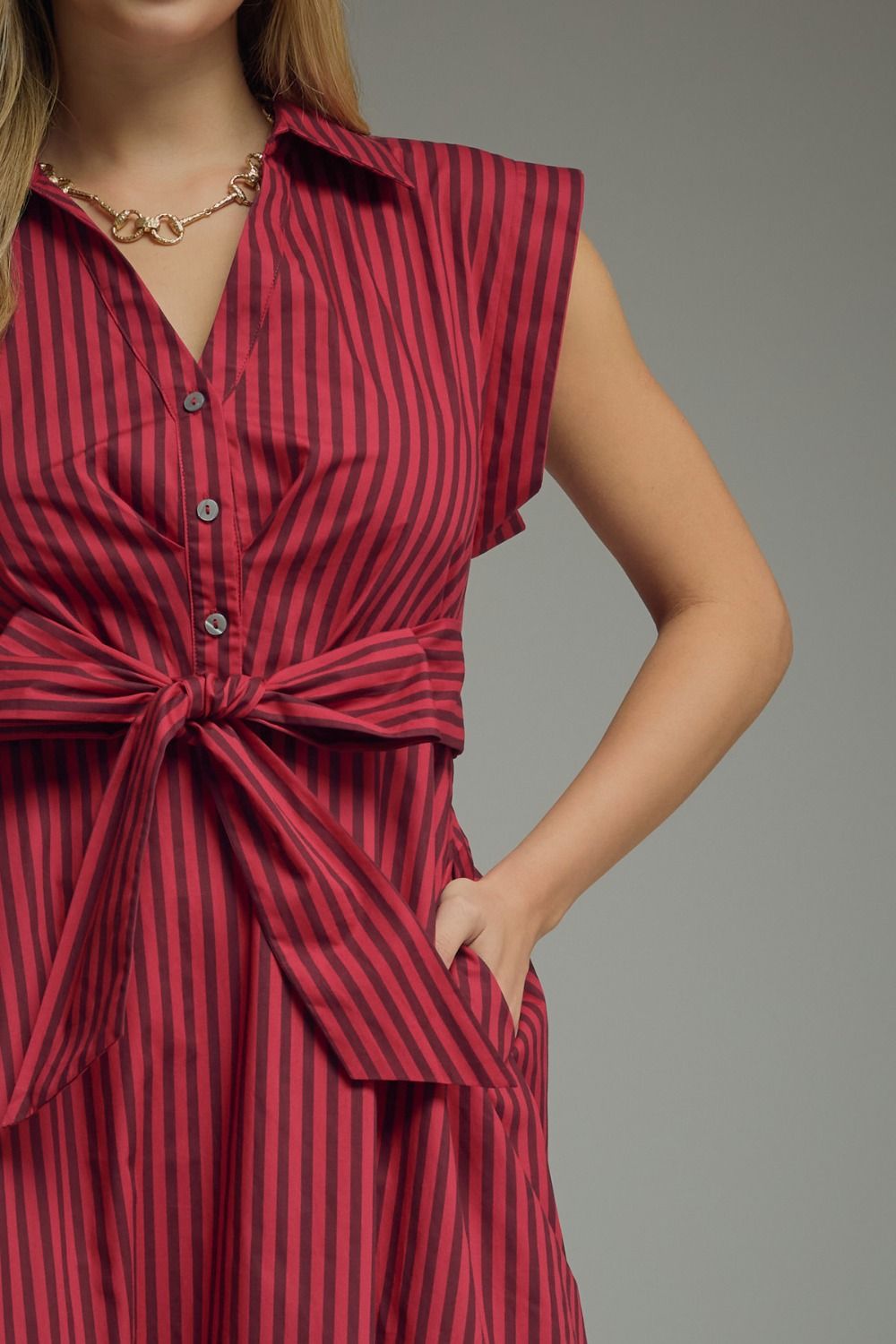 Striped Tie Waist Midi Dress - Lush Lemon - Women's Clothing - Entro - 70249191986365