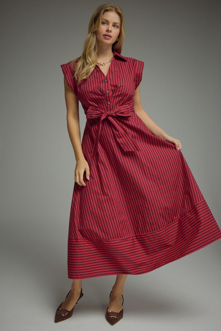 Striped Tie Waist Midi Dress - Lush Lemon - Women's Clothing - Entro - 70249191986365