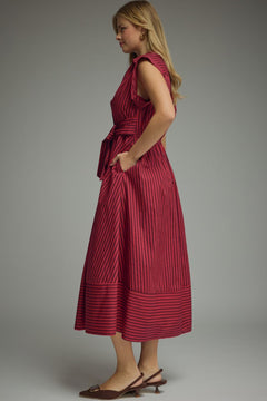 Striped Tie Waist Midi Dress - Lush Lemon - Women&