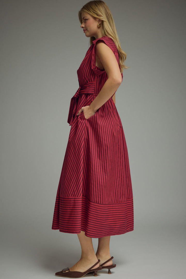 Striped Tie Waist Midi Dress - Lush Lemon - Women's Clothing - Entro - 70249191986365