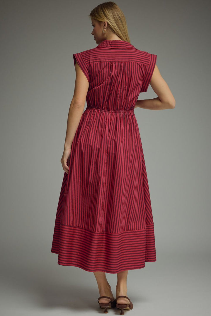 Striped Tie Waist Midi Dress - Lush Lemon - Women's Clothing - Entro - 70249191986365