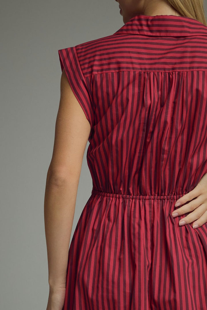 Striped Tie Waist Midi Dress - Lush Lemon - Women's Clothing - Entro - 70249191986365