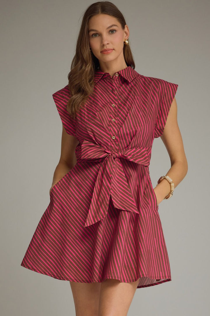 Striped Tie Waist Mini Dress - Lush Lemon - Women's Clothing - Entro - 55968901065757
