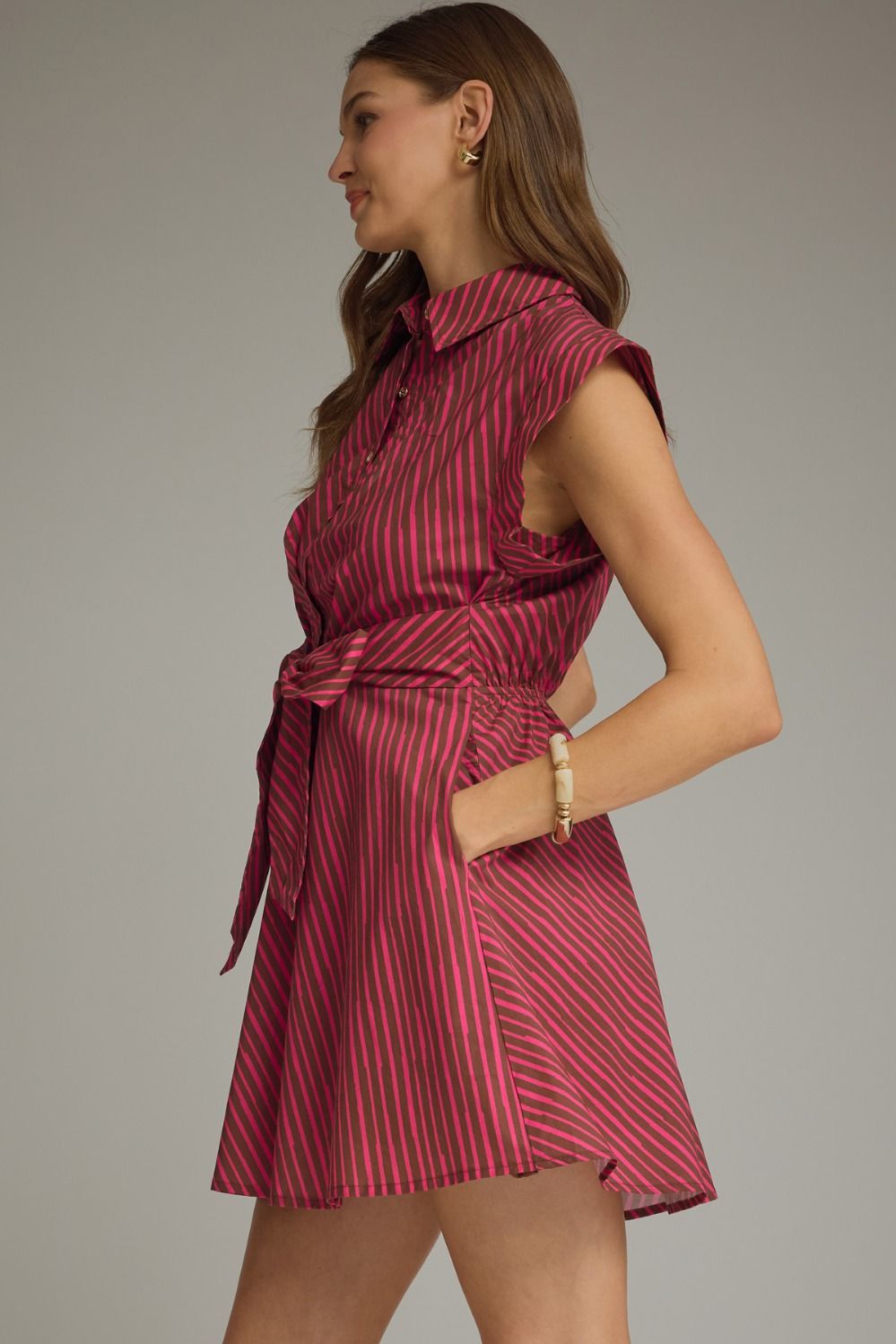 Striped Tie Waist Mini Dress - Lush Lemon - Women's Clothing - Entro - 55968901065757