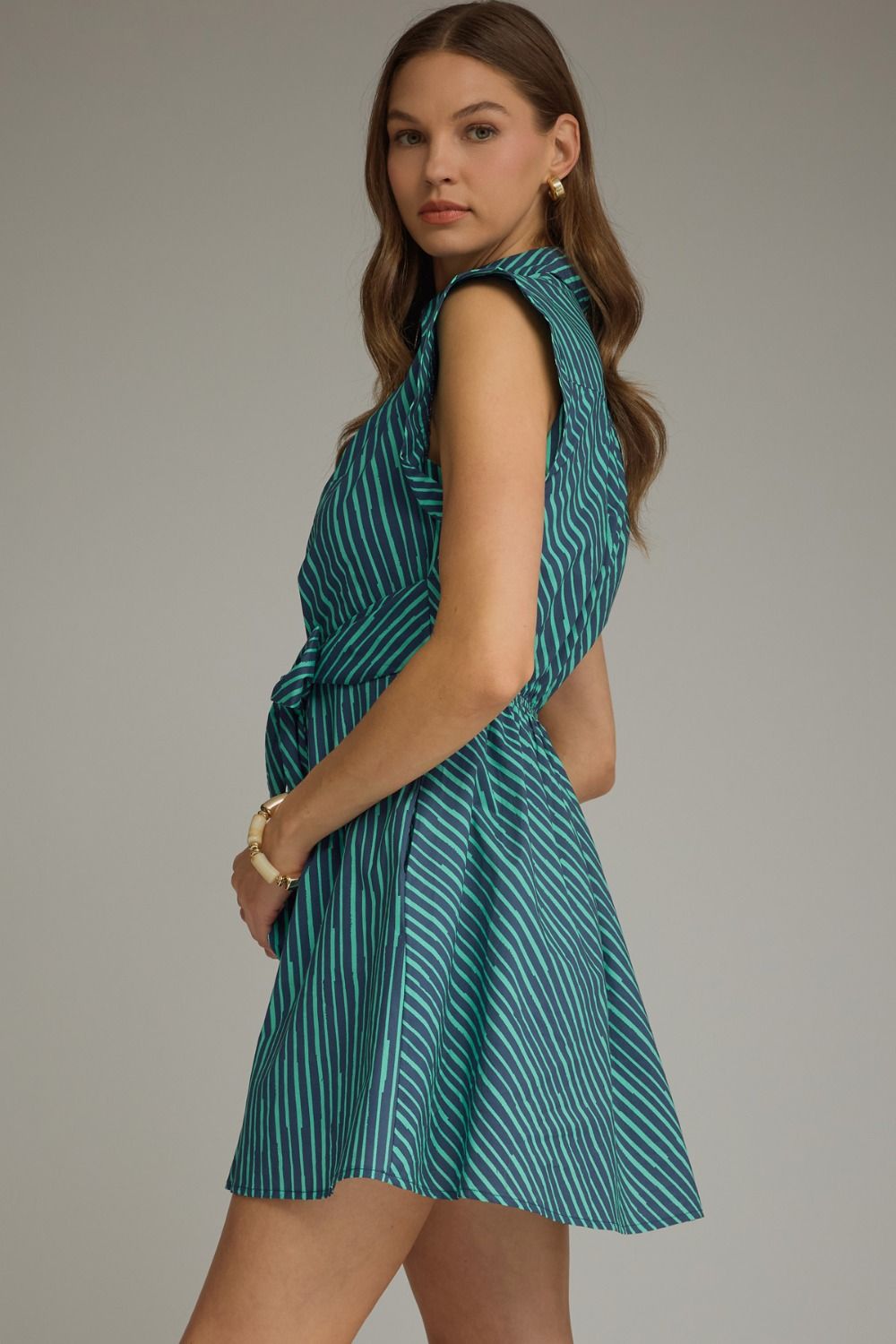 Striped Tie Waist Mini Dress - Lush Lemon - Women's Clothing - Entro - 55968901364061