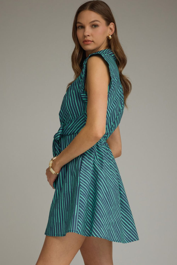 Striped Tie Waist Mini Dress - Lush Lemon - Women's Clothing - Entro - 55968901364061
