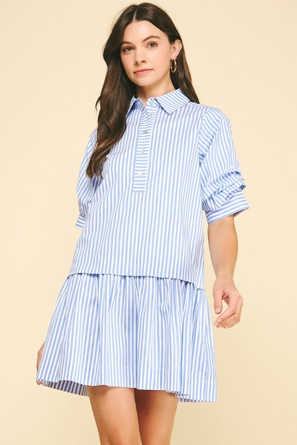 Striped Tiered Mini Shirt Dress - Pinch - Lush Lemon Light Blue / M Striped Tiered Mini Shirt Dress - Pinch - Lush Lemon Light Blue / M