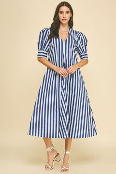 Striped V - Neck Midi Dress - Lush Lemon - Women&