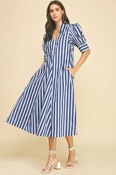 Striped V - Neck Midi Dress - Lush Lemon - Women&