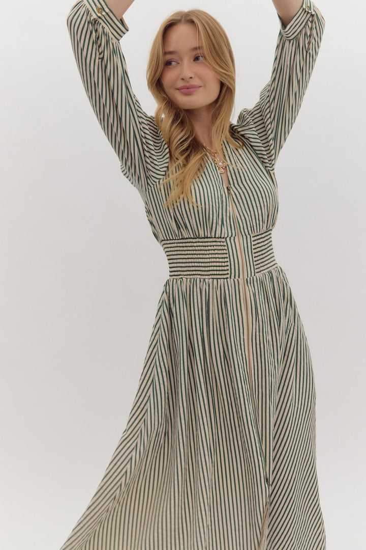 Striped V - Neck Midi Dress W/Smocked Waist - Lush Lemon - Women's Clothing - Entro - 251122511211