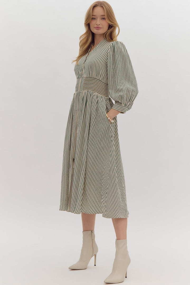 Striped V - Neck Midi Dress W/Smocked Waist - Lush Lemon - Women's Clothing - Entro - 251122511211