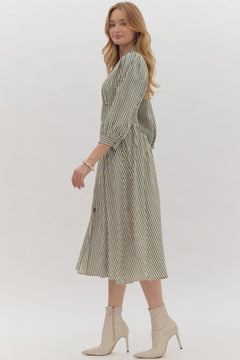 Striped V - Neck Midi Dress W/Smocked Waist - Lush Lemon - Women&