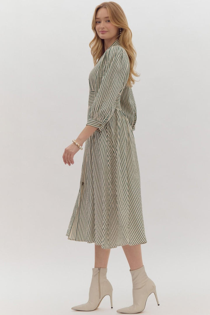 Striped V - Neck Midi Dress W/Smocked Waist - Lush Lemon - Women's Clothing - Entro - 251122511211