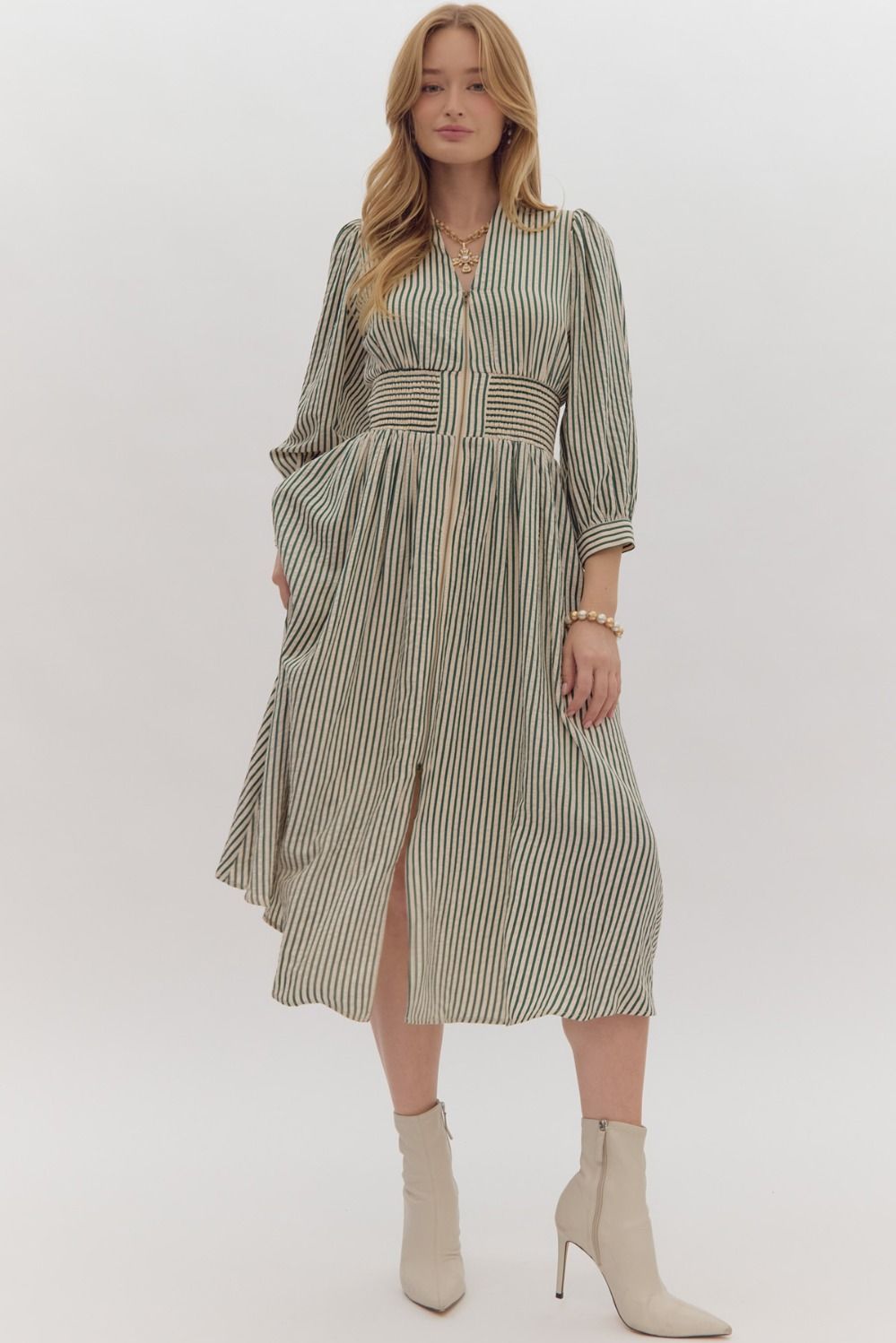 Striped V - Neck Midi Dress W/Smocked Waist - Lush Lemon - Women's Clothing - Entro - 251122511211