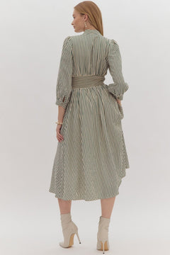 Striped V - Neck Midi Dress W/Smocked Waist - Lush Lemon - Women&