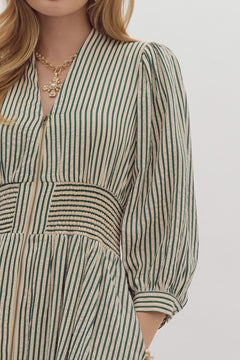 Striped V - Neck Midi Dress W/Smocked Waist - Lush Lemon - Women&