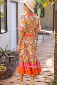 Summer Palm Print Color Block Midi Dress - Lush Lemon - Women&