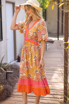 Summer Palm Print Color Block Midi Dress - Lush Lemon - Women&