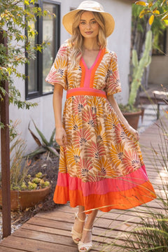 Summer Palm Print Color Block Midi Dress - Lush Lemon - Women&