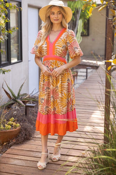 Summer Palm Print Color Block Midi Dress - Lush Lemon - Women&