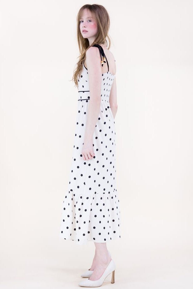 Summer Polka Dot Midi Dress W/ Tie Straps - Lush Lemon - Women's Clothing - Original - 41076801059197
