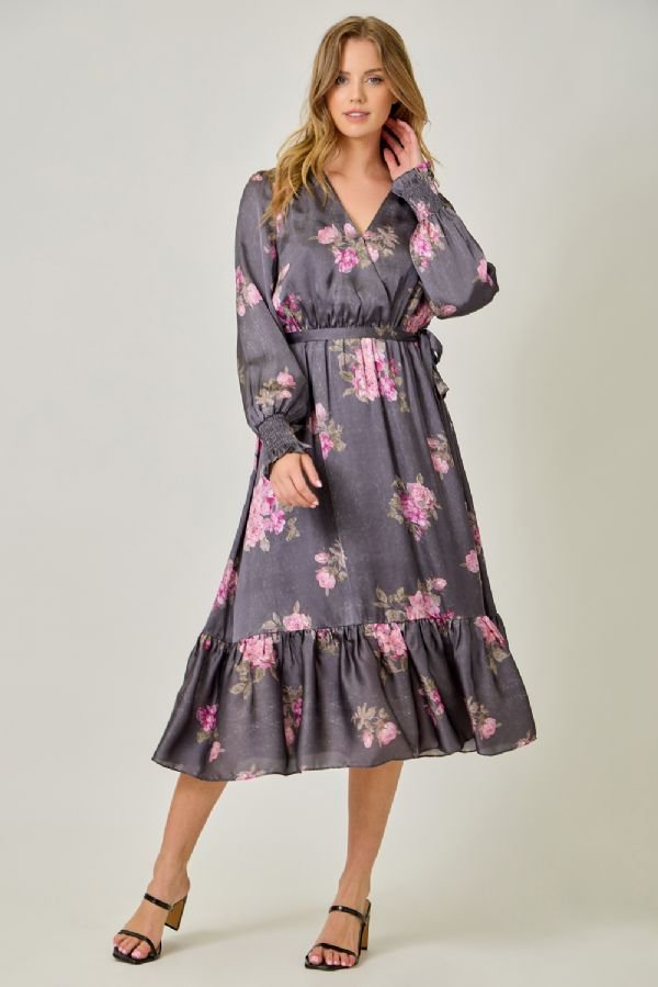 Surplice Neck Floral Midi Dress - Lush Lemon - Women's Clothing - Mystree - 70658331007357
