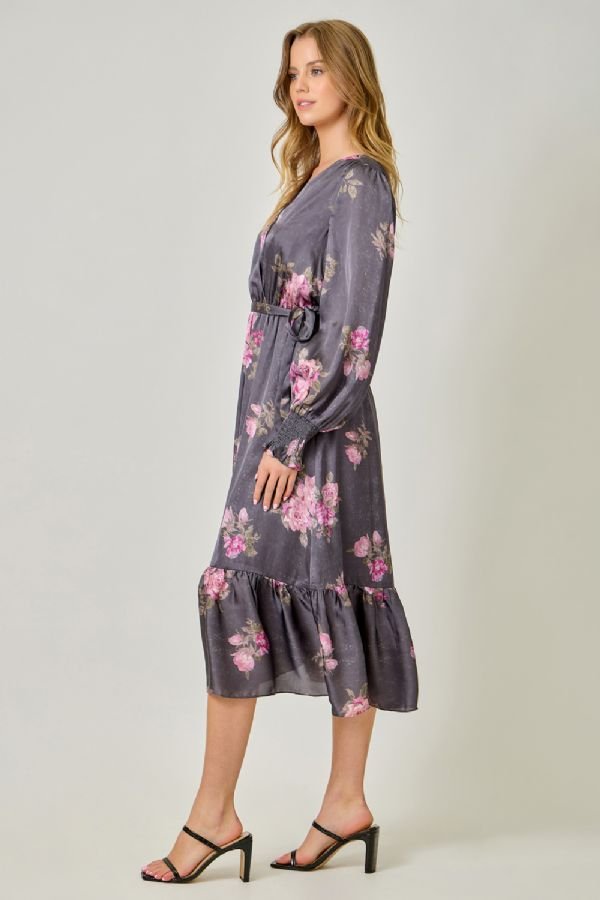 Surplice Neck Floral Midi Dress - Lush Lemon - Women's Clothing - Mystree - 70658331007357