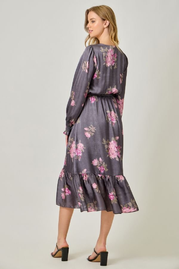 Surplice Neck Floral Midi Dress - Lush Lemon - Women's Clothing - Mystree - 70658331007357