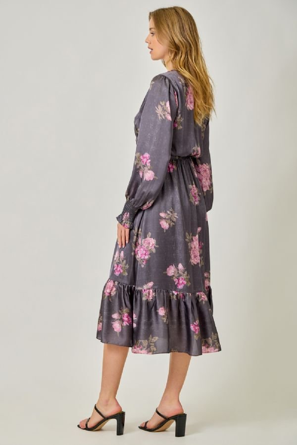 Surplice Neck Floral Midi Dress - Lush Lemon - Women's Clothing - Mystree - 70658331007357