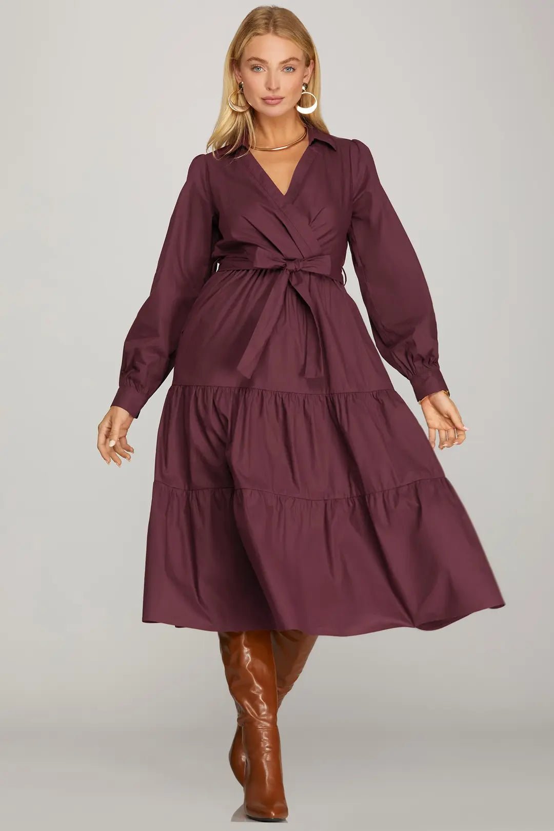 silk surplice dress Surplice Long Sleeve Satin Pleated Midi Dress