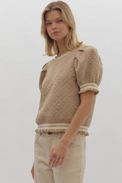Textured Bubble Sleeve Top W/Ruffle Trim - Lush Lemon - Women&