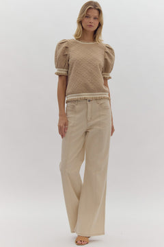Textured Bubble Sleeve Top W/Ruffle Trim - Lush Lemon - Women&
