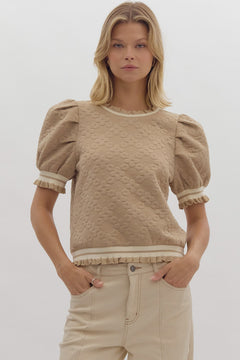 Textured Bubble Sleeve Top W/Ruffle Trim - Lush Lemon - Women&