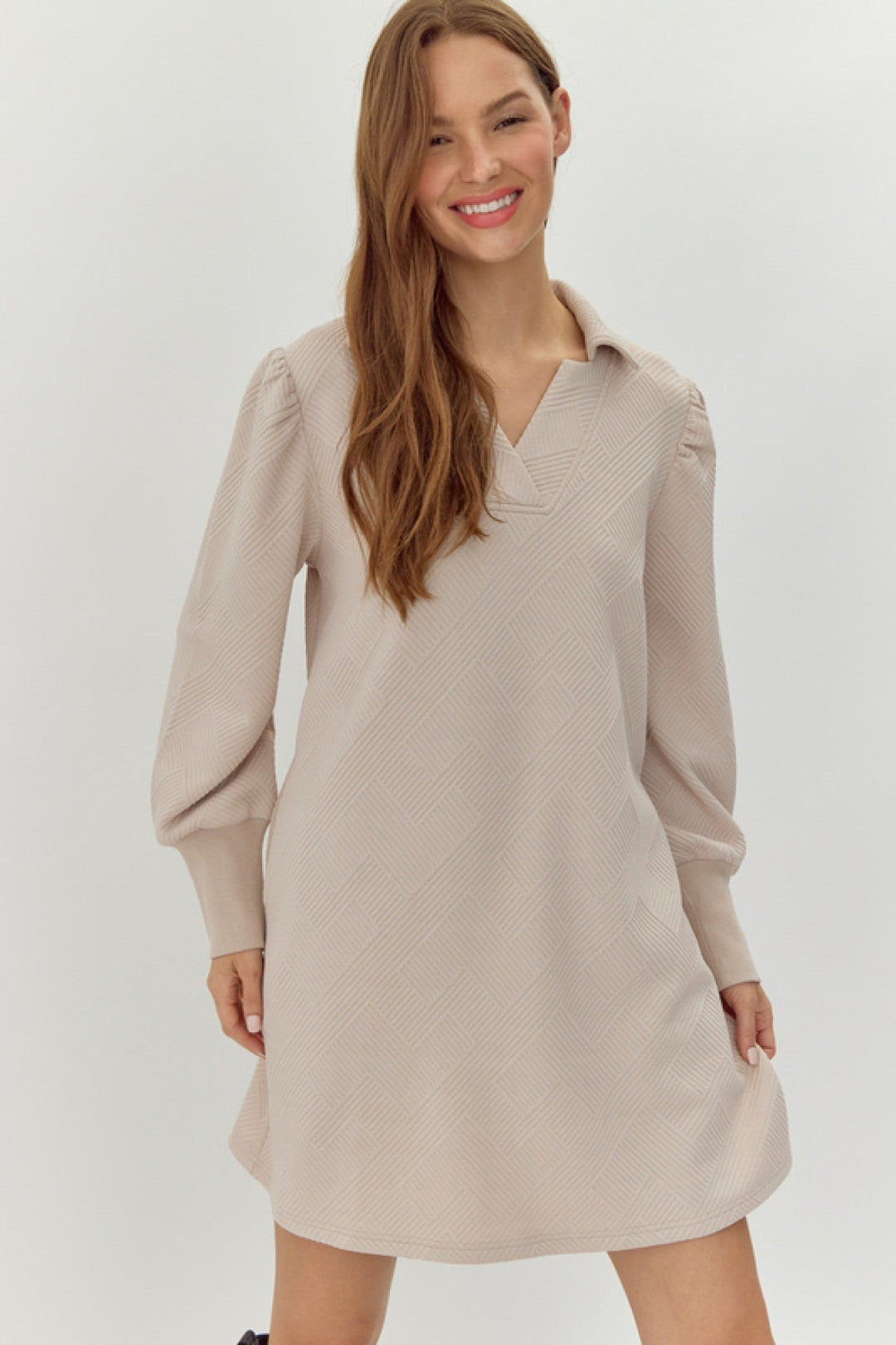 Textured Collared Neck Dress W/Bubble Sleeves - Lush Lemon - Women's Clothing - Jodifl - 40585405851