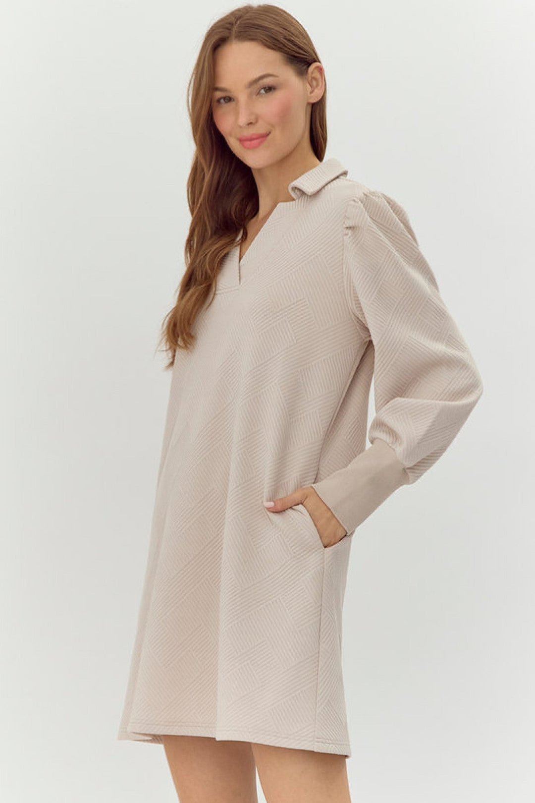 Textured Collared Neck Dress W/Bubble Sleeves - Lush Lemon - Women's Clothing - Jodifl - 40585405851