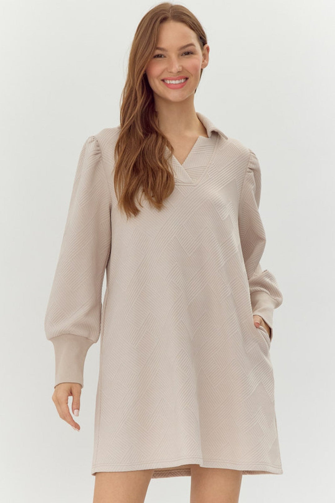 Textured Collared Neck Dress W/Bubble Sleeves - Lush Lemon - Women's Clothing - Jodifl - 40585405851