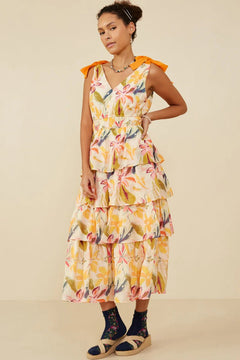 Textured Floral Tiered V - Neck Dress - Lush Lemon - Women&
