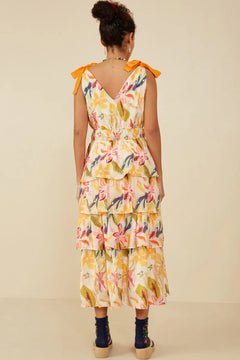 Textured Floral Tiered V - Neck Dress - Lush Lemon - Women&