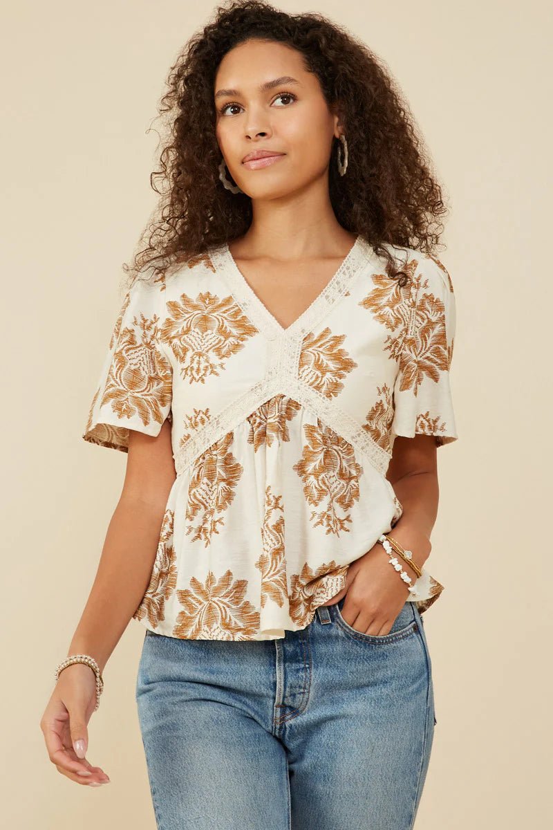 Textured Lace V - Neck Top - Lush Lemon - Women's Clothing - Hayden - 60639491097021