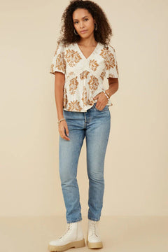 Textured Lace V - Neck Top - Lush Lemon - Women&